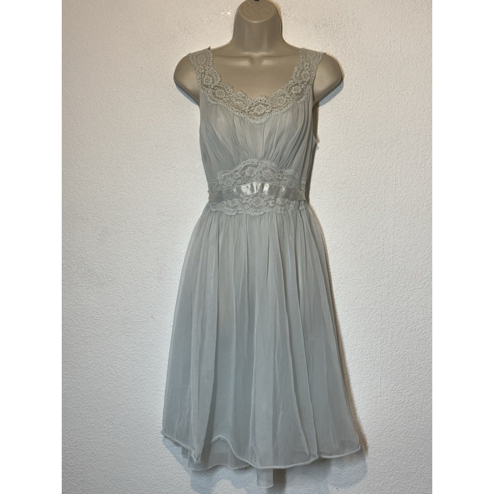 Vtg 60s Vanity Fair Blue Chiffon Empire Waist Nightgown M Dainty Fairy Coquette